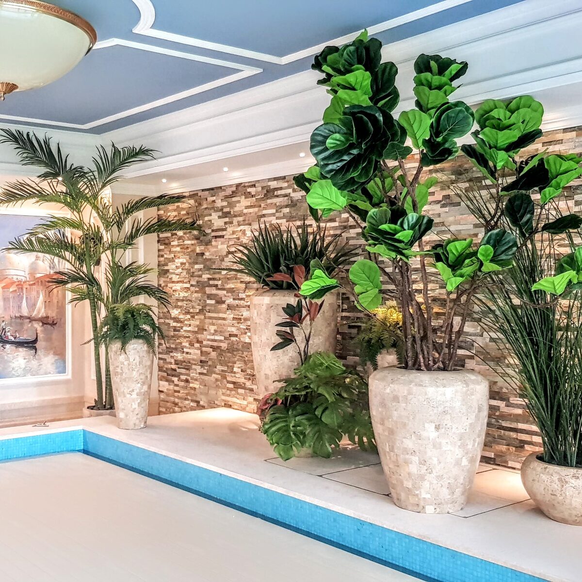 Spa area with decorative pots and green plants
